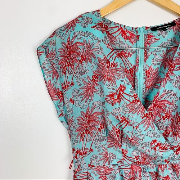 Nanette Lepore Teal & Red 100% Silk Peplum Waist Palm Print Dress Size 4 - Picture 4 of 13